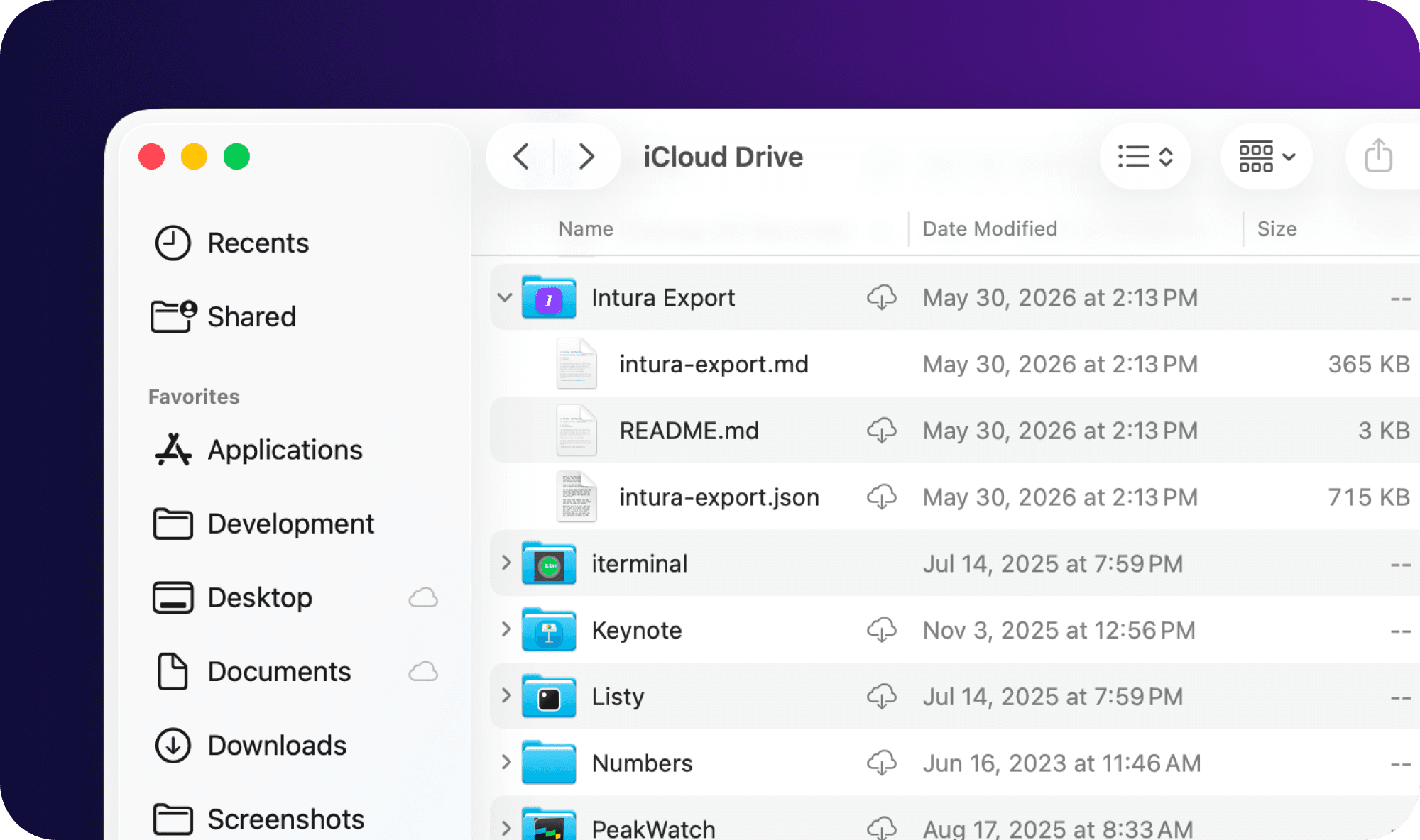 A macOS Finder window open to iCloud Drive showing the Intura Export folder containing intura-export.md, README.md, and intura-export.json
