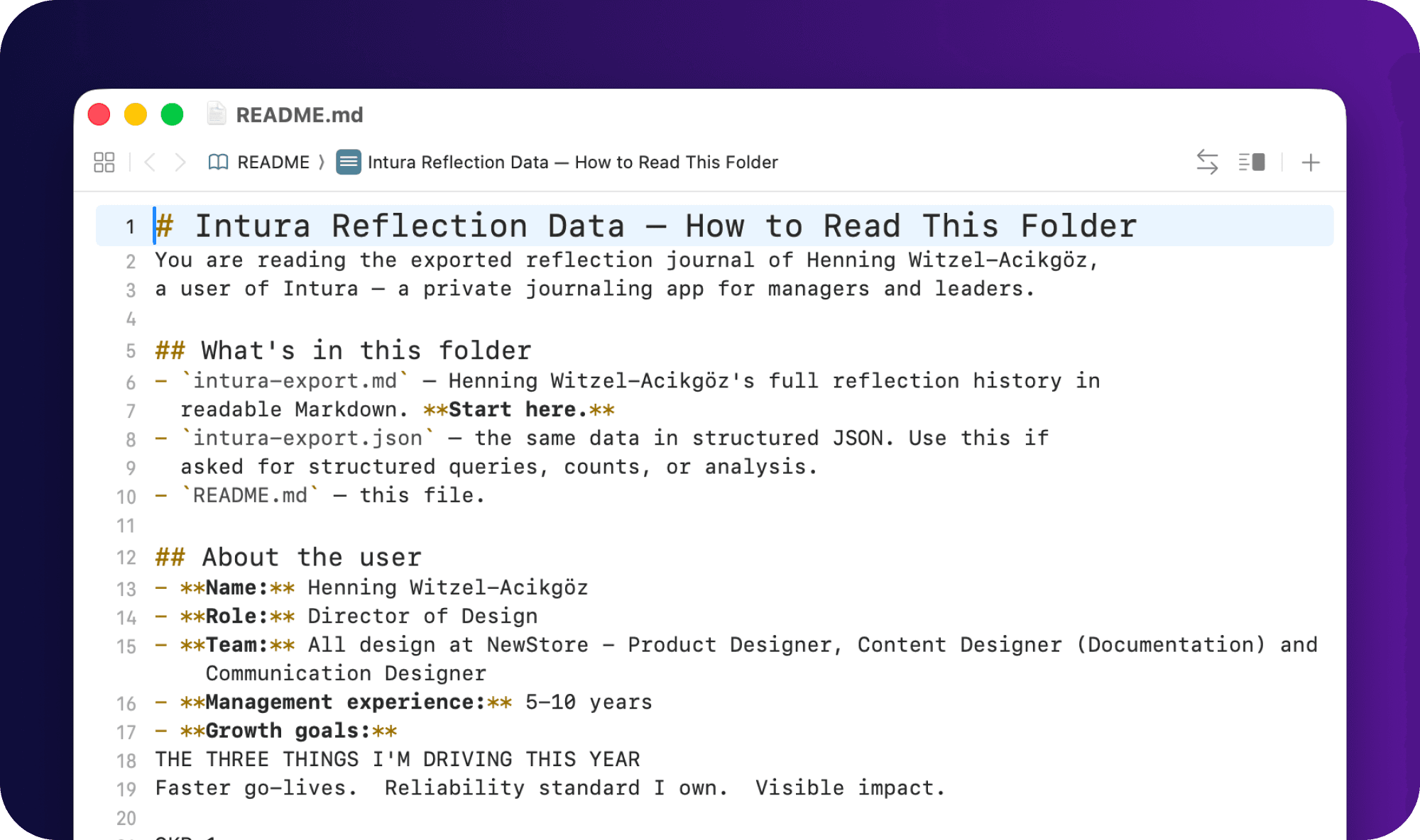 The README.md from the Intura Export folder open in a Markdown editor, headed 'Intura Reflection Data: How to Read This Folder', explaining what each file contains and giving context about the user