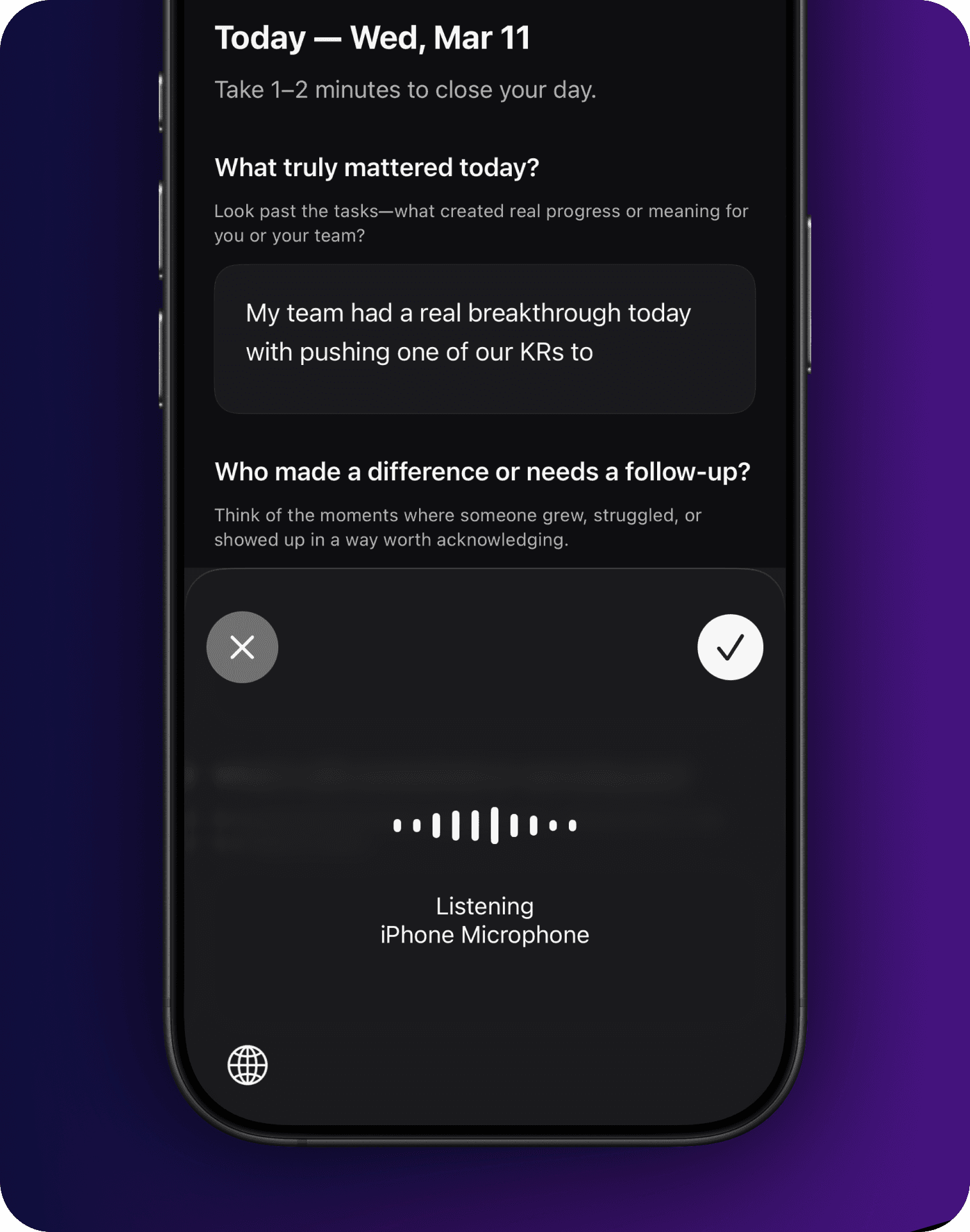 iPhone showing the Intura journal entry screen with the microphone listening overlay active