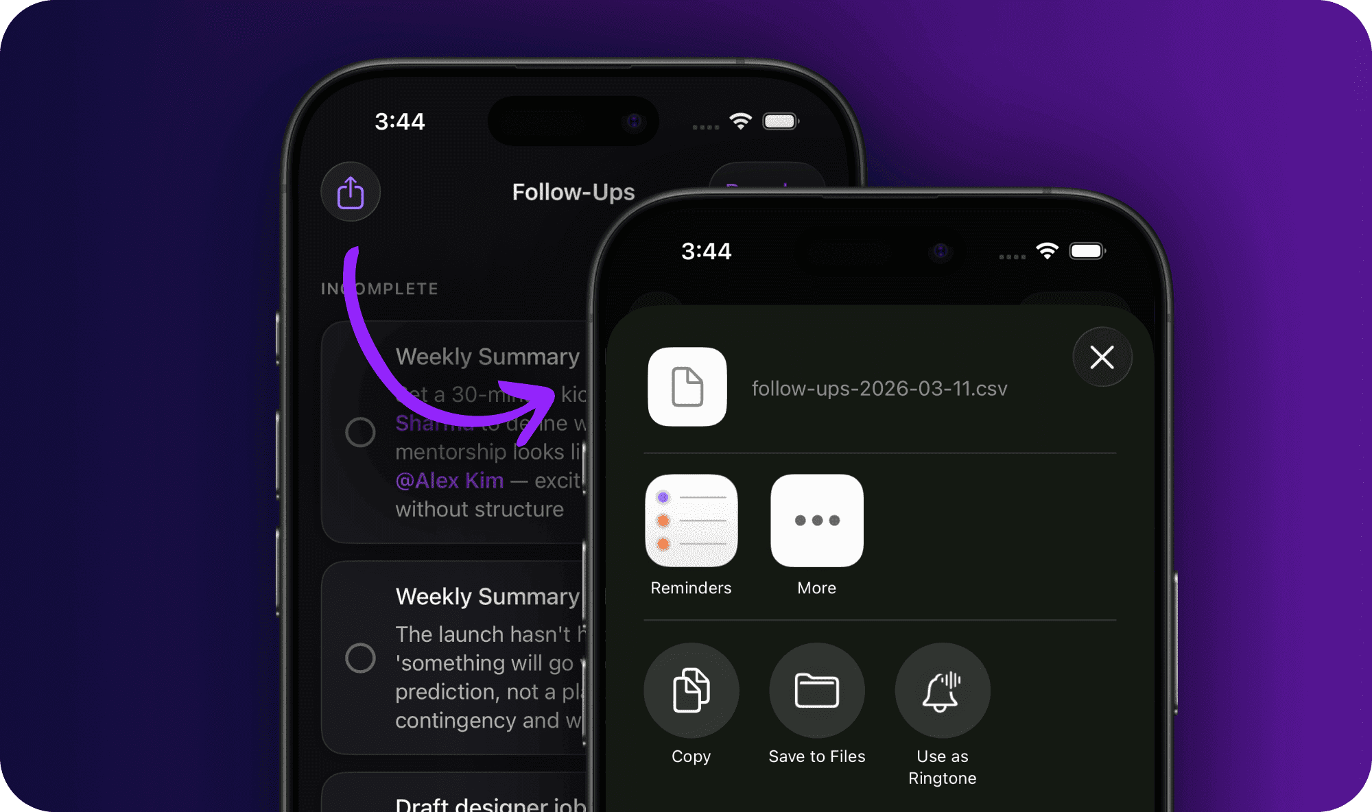iPhone showing the Follow-Ups screen with a share sheet exporting a CSV file