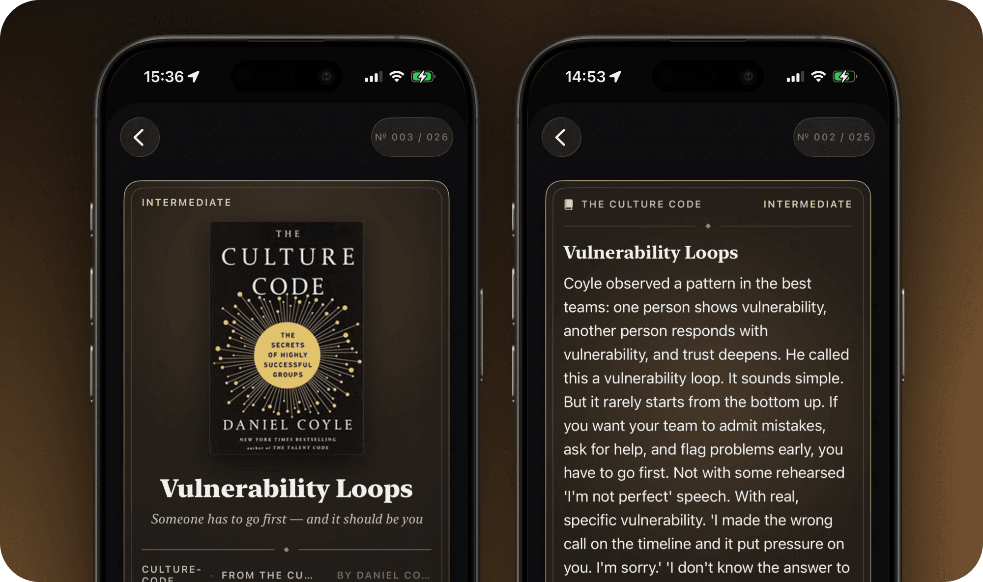 iPhone showing a new insight unlocked screen with a progress ring and completion animation, alongside the Insights Library overview with streak counter and book collection