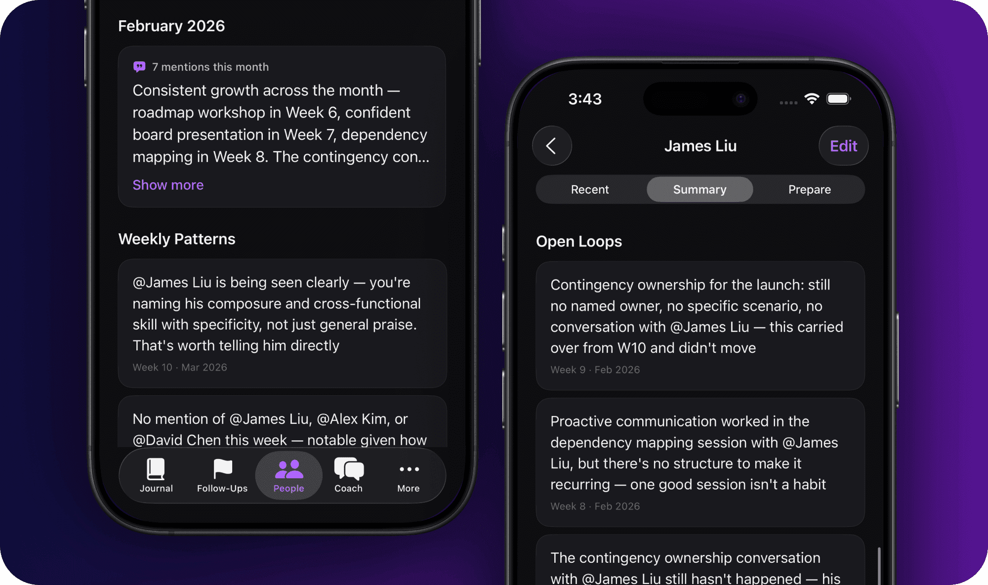 Two iPhone screens showing a team member's monthly summary and open loops on their profile