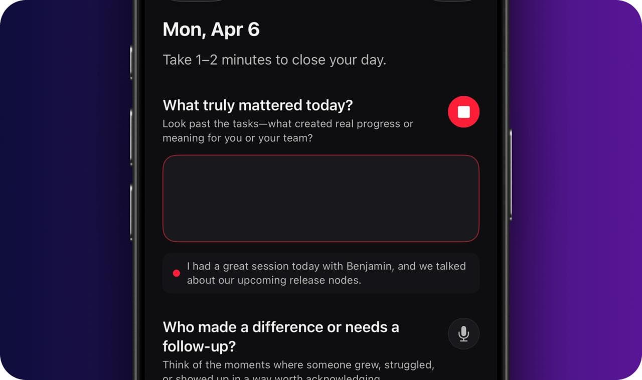 iPhone showing the daily reflection screen with voice input active, transcribing a journal entry in real time