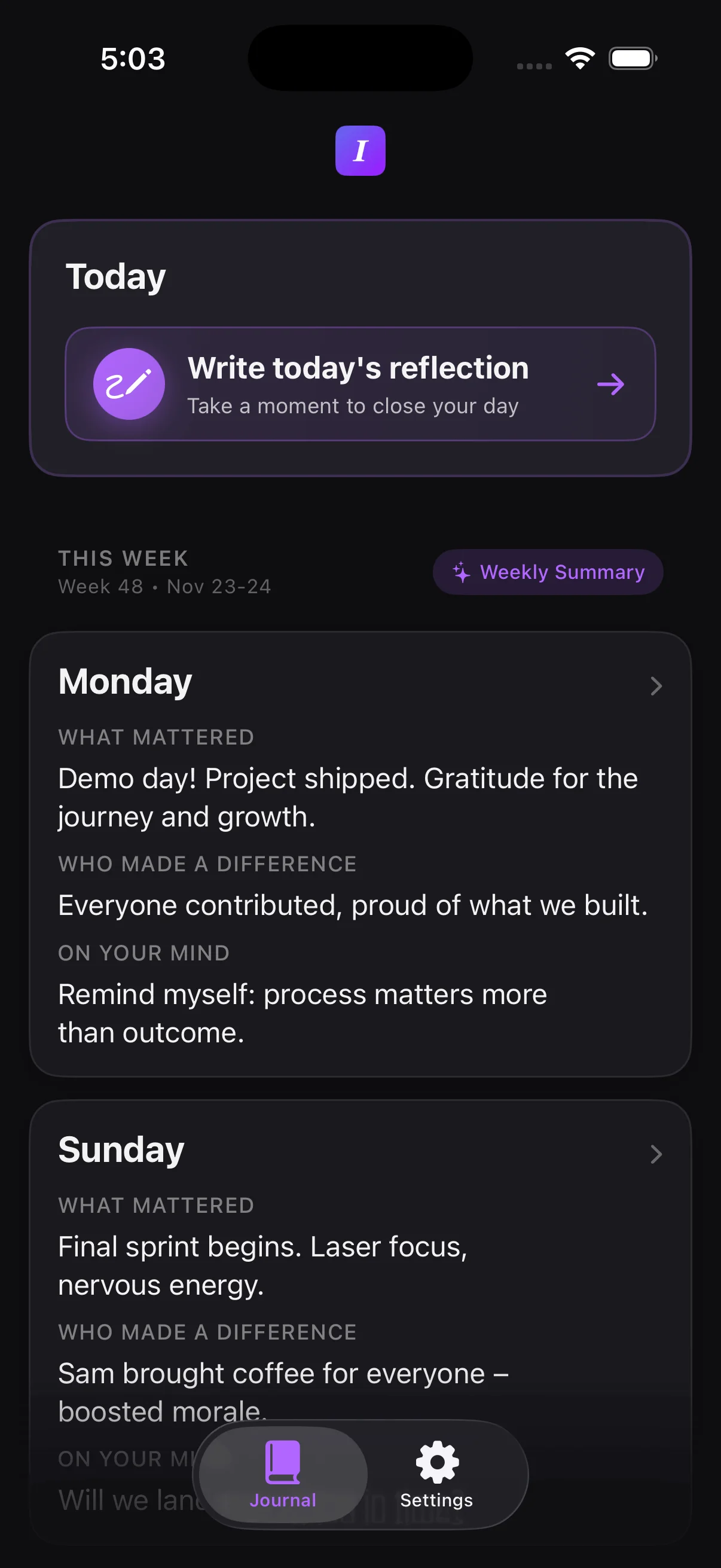 Intura app - Daily reflection view showing today's questions and entries