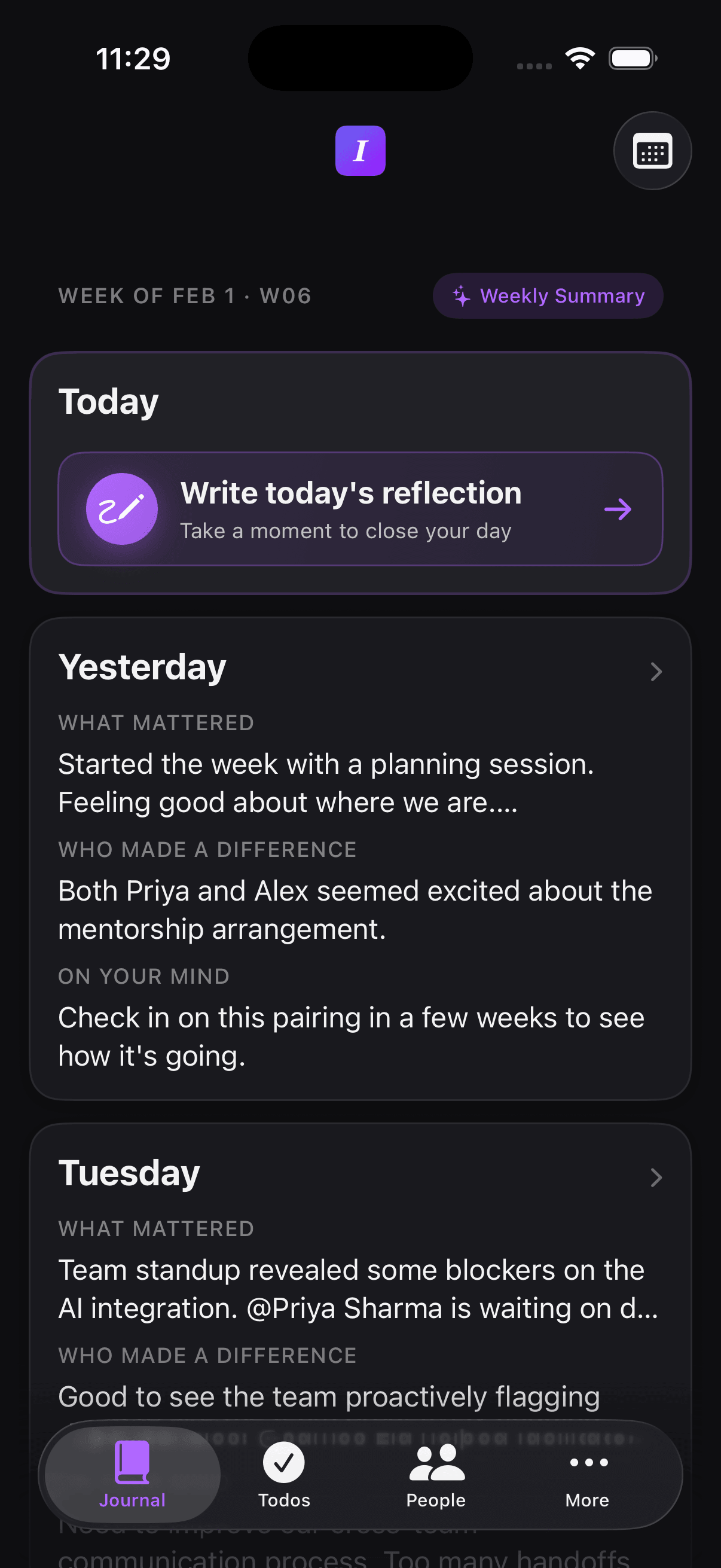 Intura app - Home view with daily reflection prompt